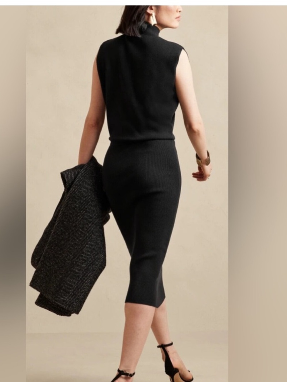 NWOT.  Sleeveless Black Knit Midi Dress - Elegant Ribbed Sheath